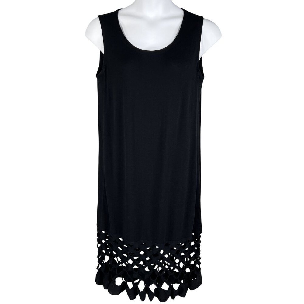 Lafayette 148 New York XL Black Sleeveless Shift Dress Lattice Hem Minimalist